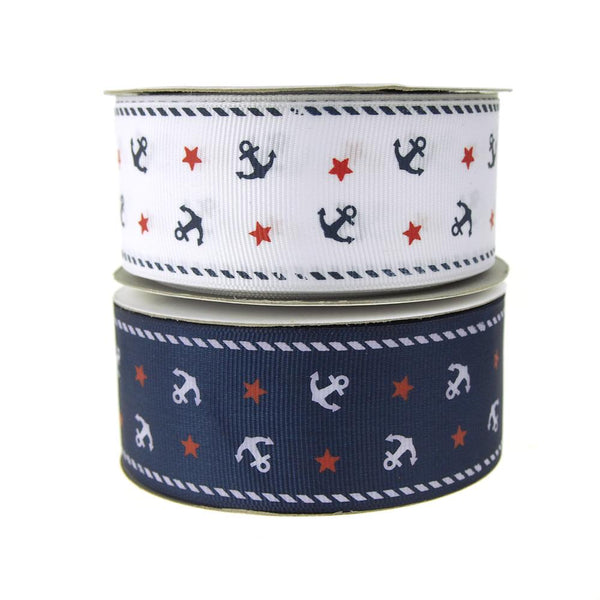 Nautical Anchor and Star Grosgrain Ribbon, 1-1/2-Inch, 25-Yard