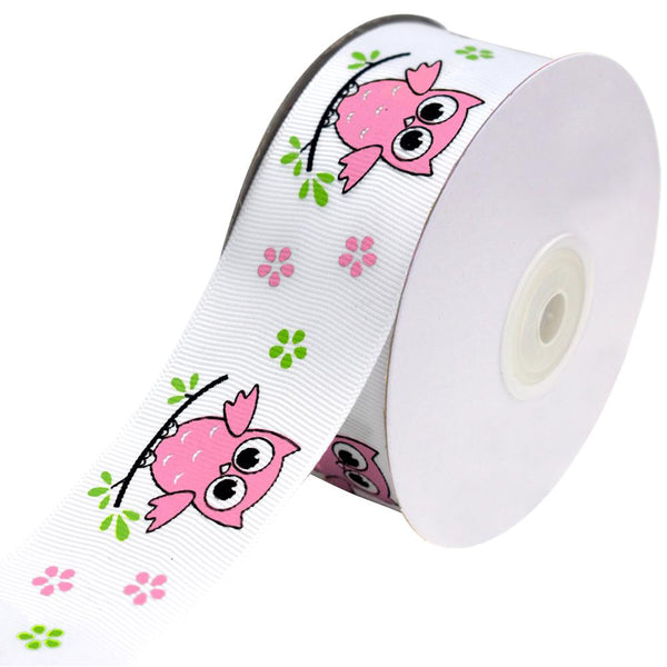 Floral Owl on Branch Grosgrain Ribbon, Fuchsia, 1-1/2-Inch, 25-Yard