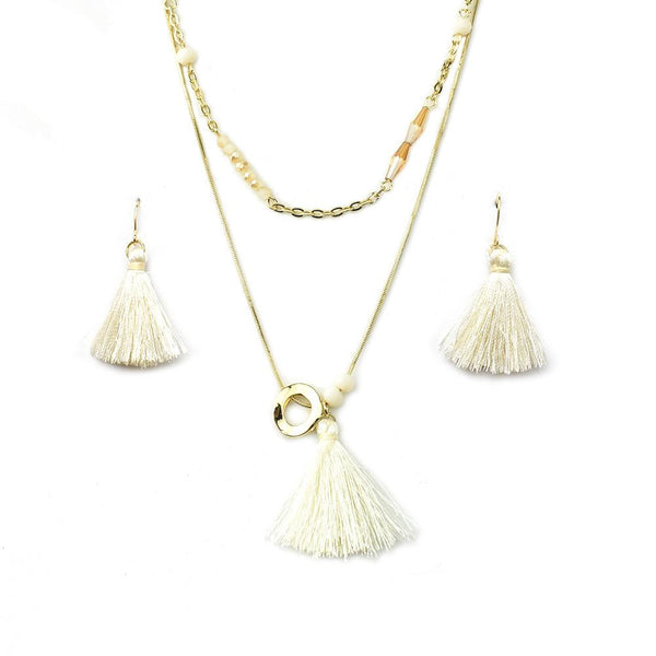 Tassel and Dainty Glass Beads Necklace Set, Gold