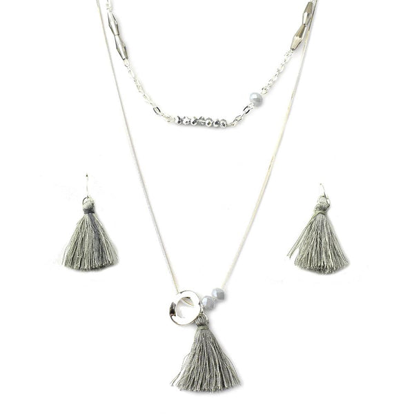 Tassel and Dainty Glass Beads Necklace Set, Silver