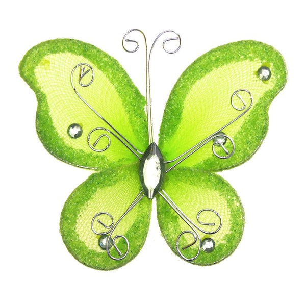 Organza Nylon Glitter Butterflies, 3-inch, 12-Piece, Apple Green