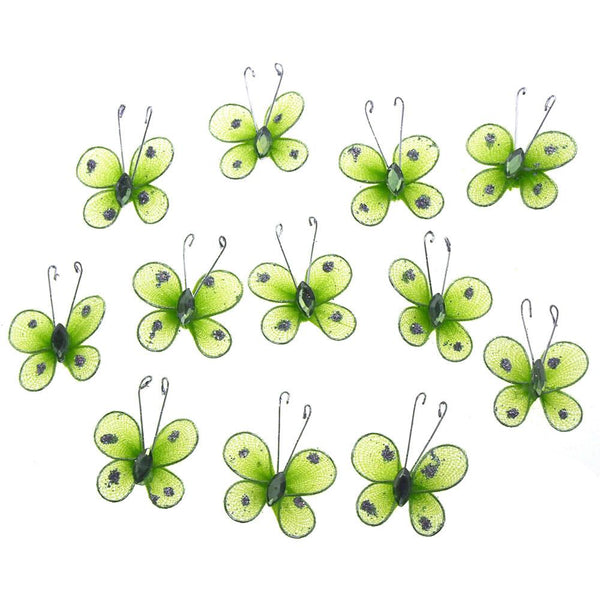 Organza Nylon Glitter Butterflies, 1-inch, 12-Piece, Apple Green