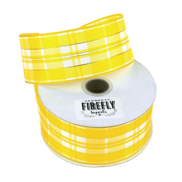 Plaid Checkered Holiday Christmas Ribbon Wired Edge, 1-1/2-Inch, 10 Yards, Yellow