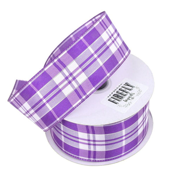 Plaid Checkered Holiday Christmas Ribbon Wired Edge, 1-1/2-Inch, 10 Yards, Purple