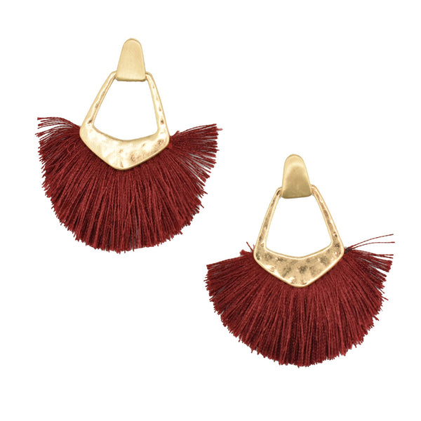 Hammered Metal Fan Tassel Drop Earrings, 2-1/2-Inch, Burgundy