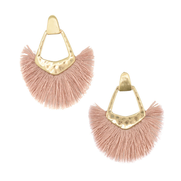 Hammered Metal Fan Tassel Drop Earrings, 2-1/2-Inch, Dark Pink