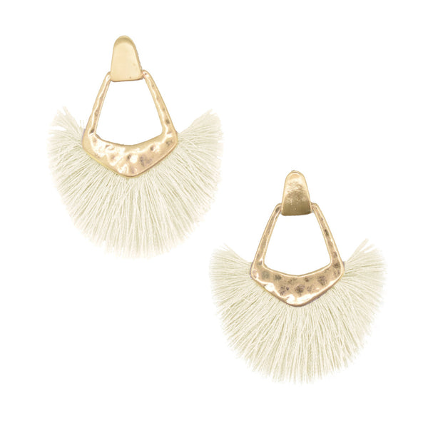 Hammered Metal Fan Tassel Drop Earrings, 2-1/2-Inch, Ivory