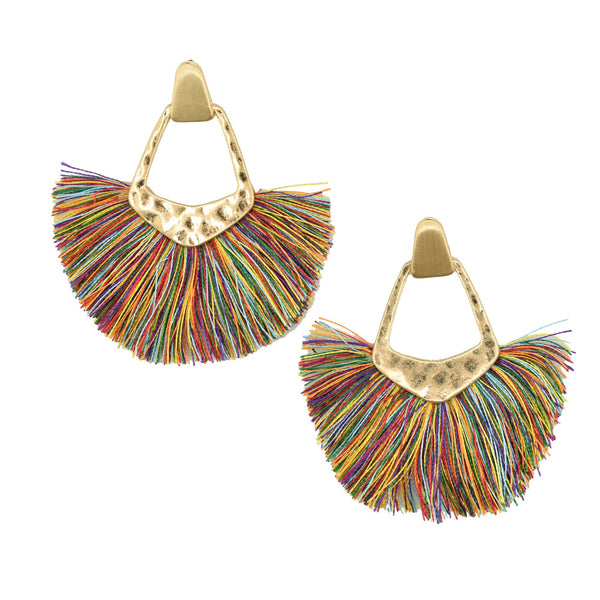 Hammered Metal Fan Tassel Drop Earrings, 2-1/2-Inch, Multicolor