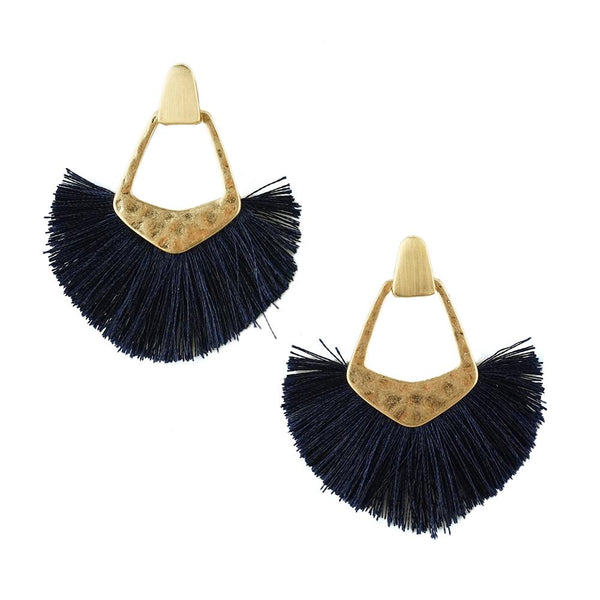 Hammered Metal Fan Tassel Drop Earrings, 2-1/2-Inch, Navy