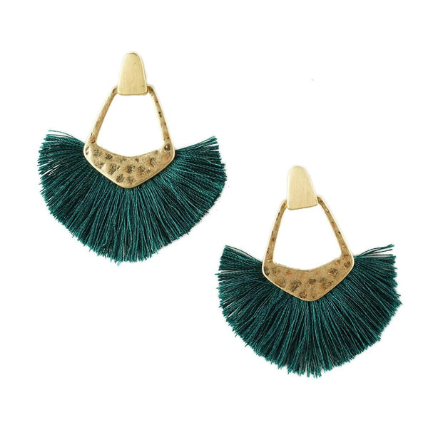 Hammered Metal Fan Tassel Drop Earrings, 2-1/2-Inch, Teal