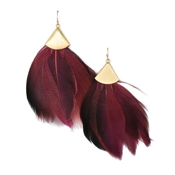 Feathers Drop Earrings, Burgundy, 3-Inch