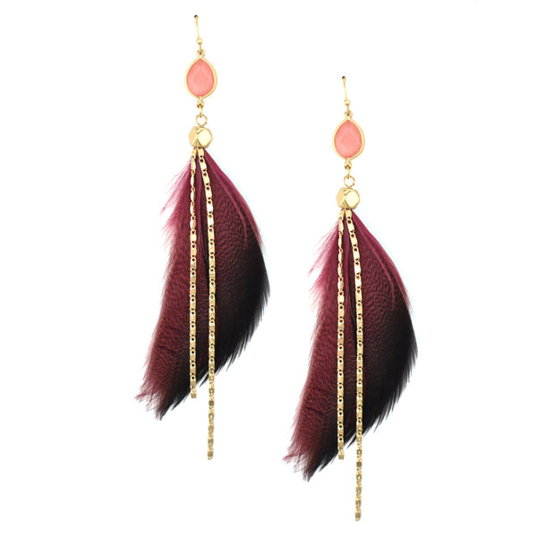 Feather with Stone Drop Earrings, Burgundy, 4-Inch