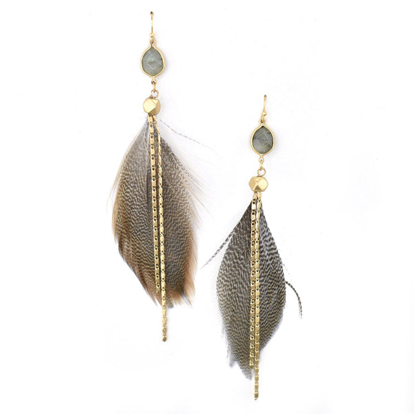 Feather with Stone Drop Earrings, Gray, 4-Inch