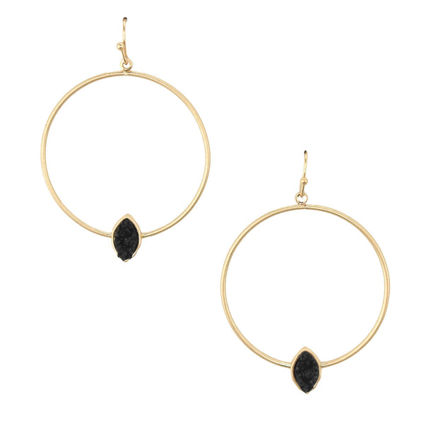 Hoop Earrings with Druzy Stone, Black,1-3/4-Inch