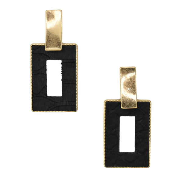 Rectangular Real Calf Hair Leather Drop Earrings, Black, 2-1/4-Inch