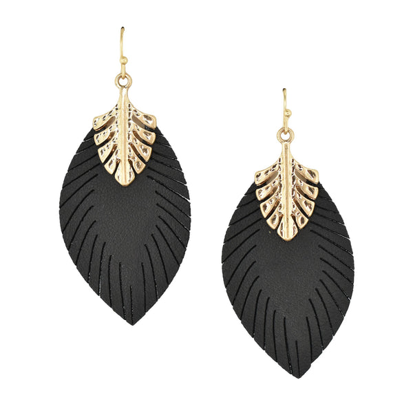 Leather Leaf Shaped Drop Earrings, Black, 2-1/4-Inch