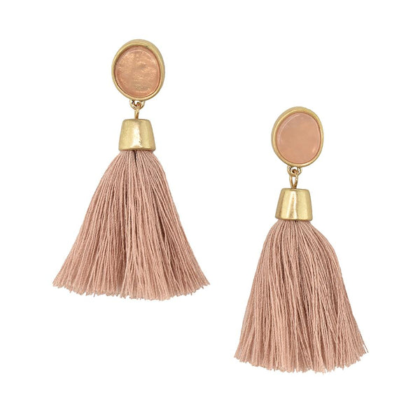 Hanging Tassel with Stone Post Earrings, 2-1/4-Inch, Dark Pink