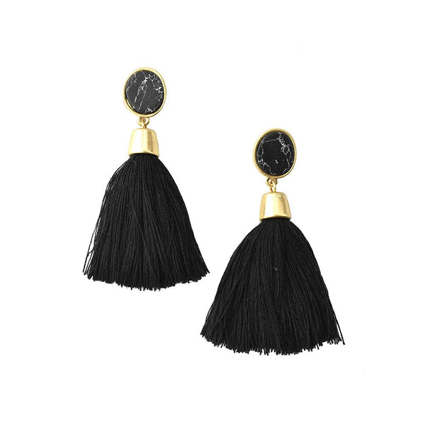 Hanging Tassel with Stone Post Earrings, 2-1/4-Inch, Black