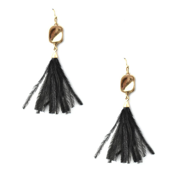 Feather Tassel Drop Earrings, Black, 2-Inch