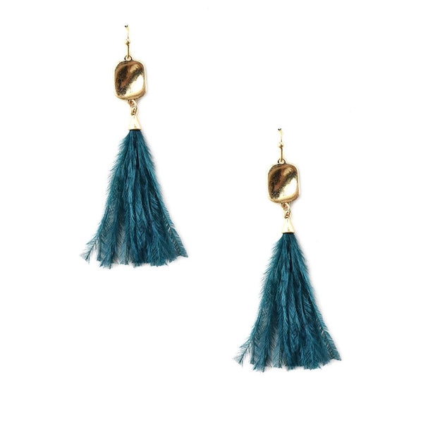 Feather Tassel Drop Earrings, Teal, 2-Inch