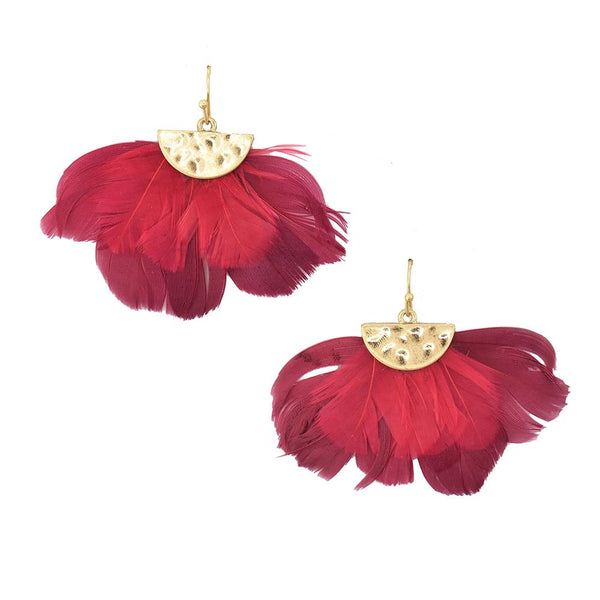 Feathers Drop Earrings with Hammered Metal, Burgundy, 1-1/2-Inch