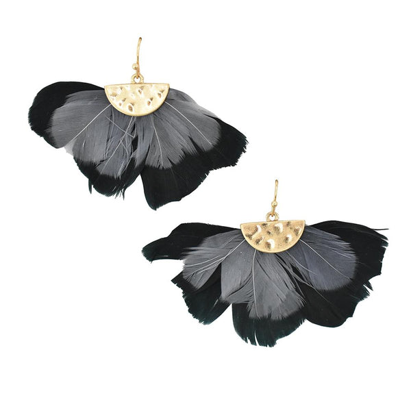 Feathers Drop Earrings with Hammered Metal, Black, 1-1/2-Inch