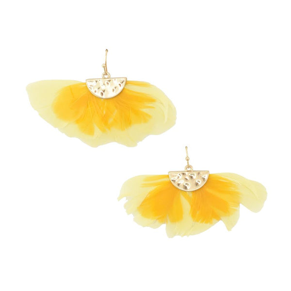 Feathers Drop Earrings with Hammered Metal, Mustard, 1-1/2-Inch