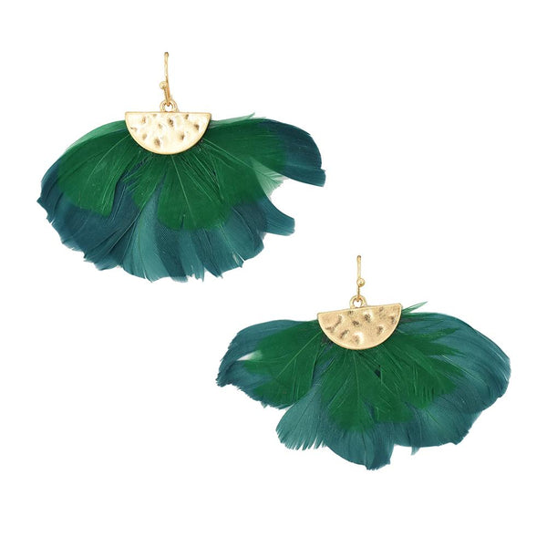 Feathers Drop Earrings with Hammered Metal, Teal, 1-1/2-Inch