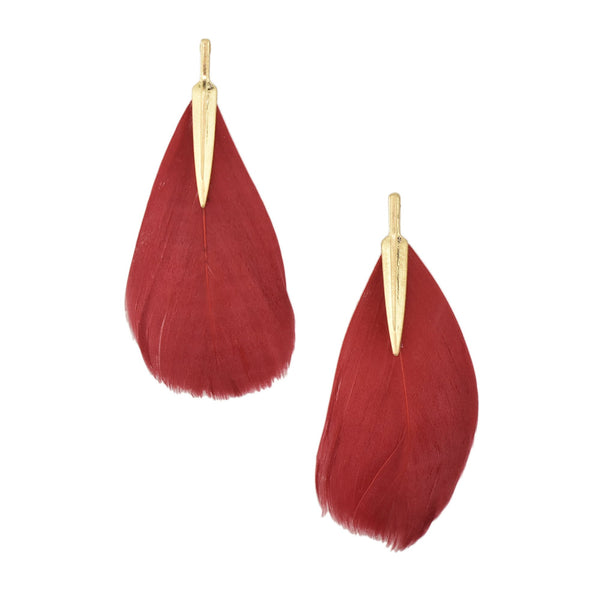 Single Feather Drop Earrings, Burgundy, 3-Inch