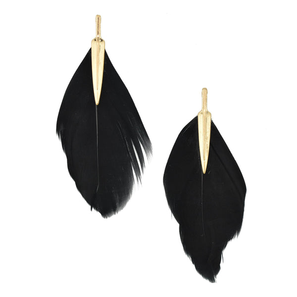 Single Feather Drop Earrings, Black, 3-Inch