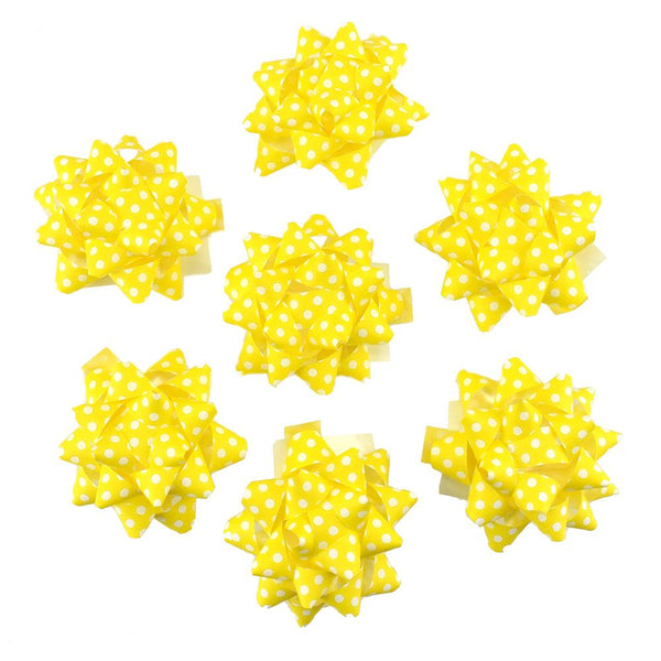 Self-Adhesive Pre-tied Star Bows, 2-Inch, 25-Piece, Yellow/White Dots