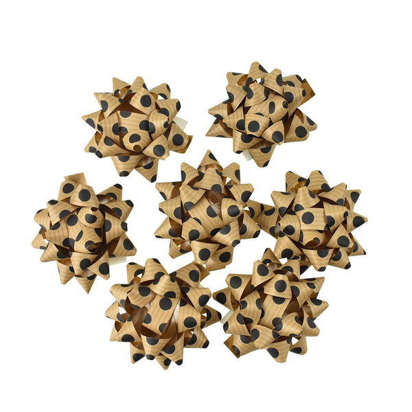 Self-Adhesive Pre-tied Star Bows, 2-Inch, 25-Piece, Kraft Paper/Black Dots