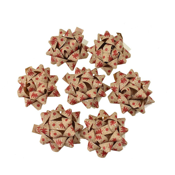 Self-Adhesive Pre-tied Star Bows, 2-Inch, 25-Piece, Red Christmas/Kraft Paper