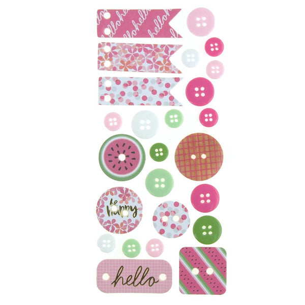 Button and Banner Scrapbooking Stickers, Pink Melon, 22-Piece