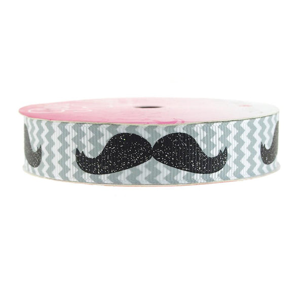 Glitter Mustache Chevron Grosgrain Ribbon, 7/8-inch, 3-yard, Black