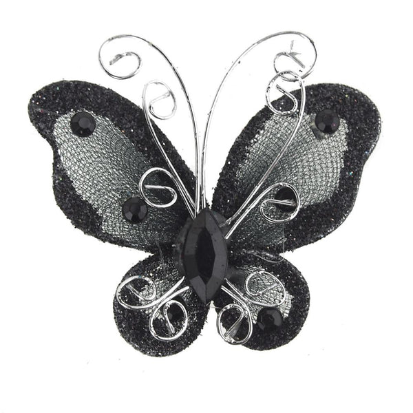 Organza Nylon Glitter Butterflies, 3-inch, 12-Piece, Black