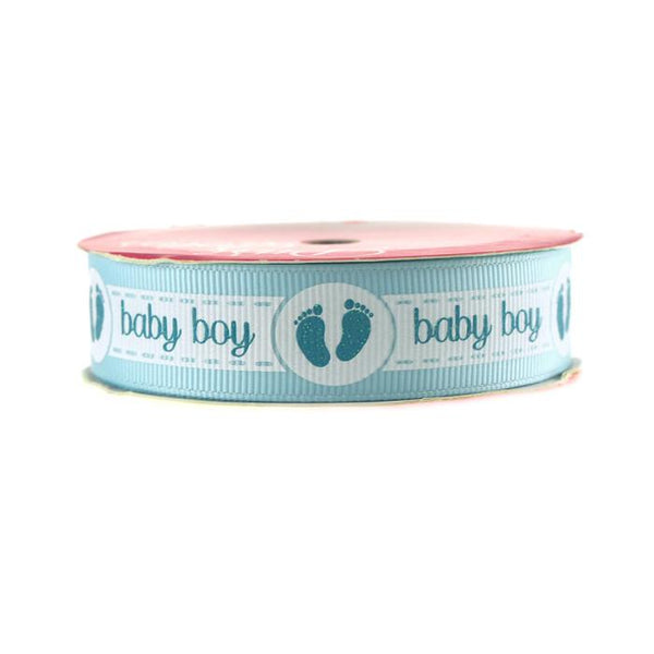 Baby Girl Baby Boy w/ Footprint Grosgrain Ribbon, 7/8-Inch, 3-yard, Light Blue