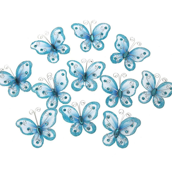 Organza Nylon Glitter Butterflies, 2-inch, 12-Piece, Light Blue