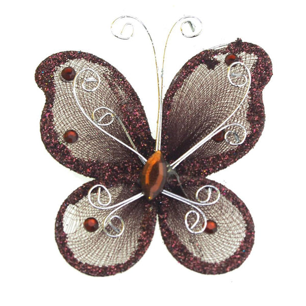 Organza Nylon Glitter Butterflies, 3-inch, 12-Piece, Brown