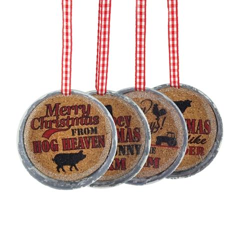 Christmas Greetings Farm Cork Ornaments, Assorted, 3-Inch, 4-Piece