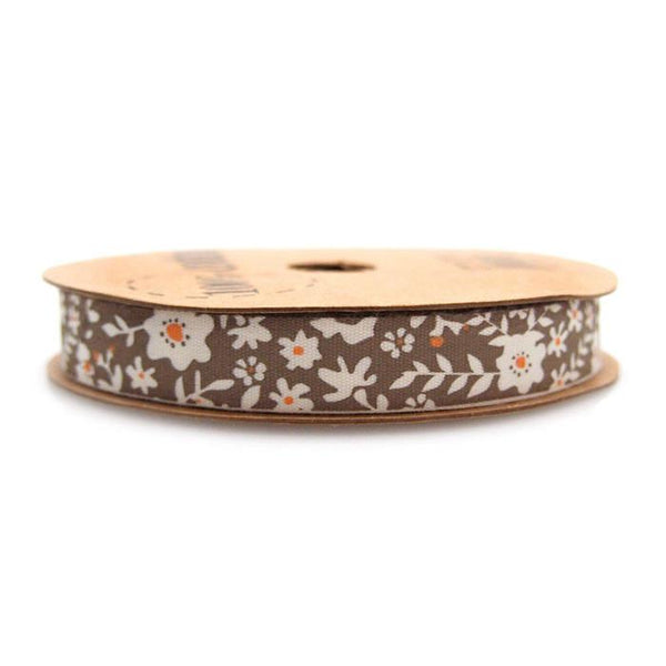 White Flowers Cotton Ribbon, 5/8-Inch, 10 Yards, Brown