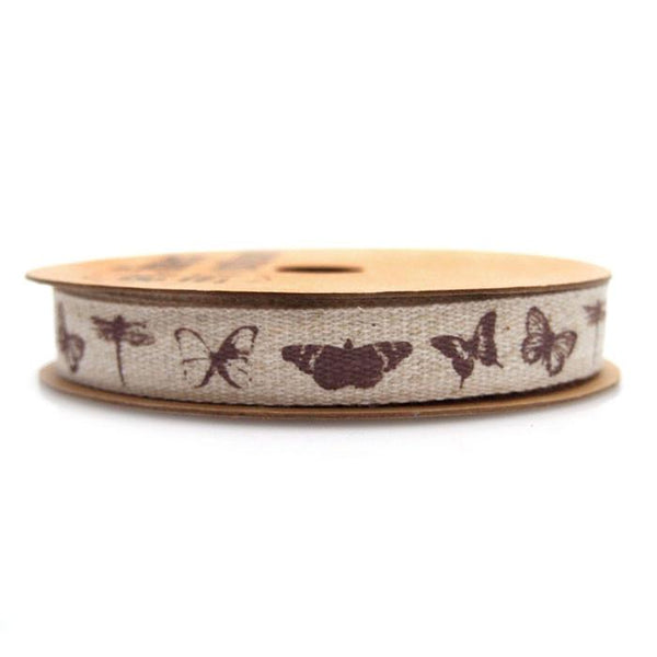 Brown Butterflies Print Cotton Linen Ribbon, 5/8-Inch, 1 Yards,