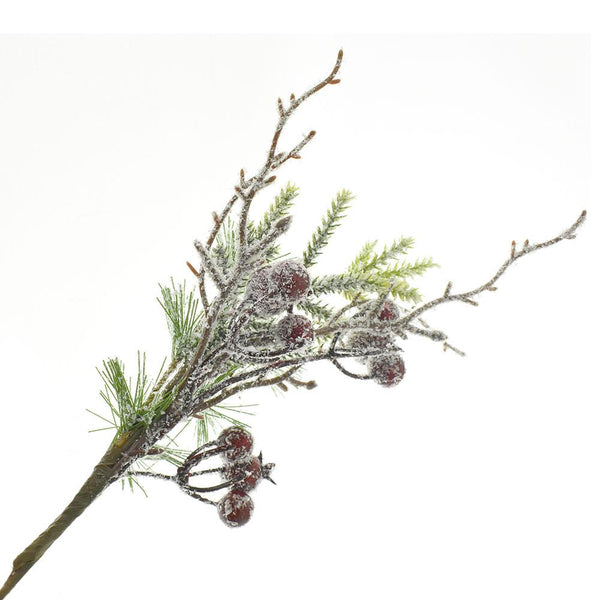 Frosted Pine Branch With Red Berries Pick, 10-Inch