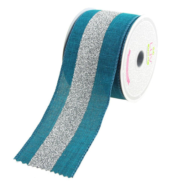 Glitter Center Canvas Ribbon, 2-1/2-Inch, 10 Yards, Teal/Silver