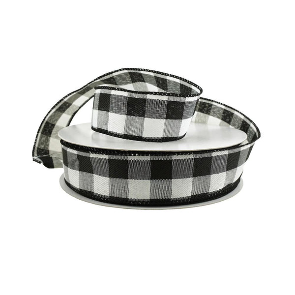 Woven Buffalo Plaid Wired Ribbon, 1-1/2-Inch, 50-Yard, White