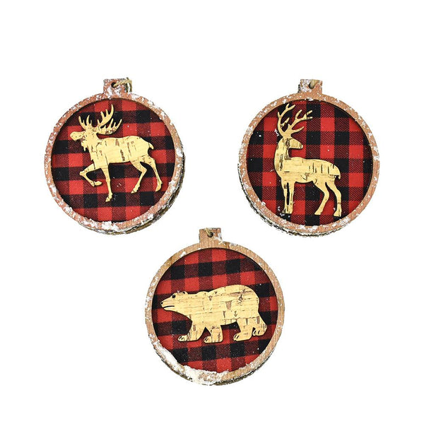 Plaid Wood Animal Round Hanging Christmas Ornaments, 4-Inch, 3-Piece