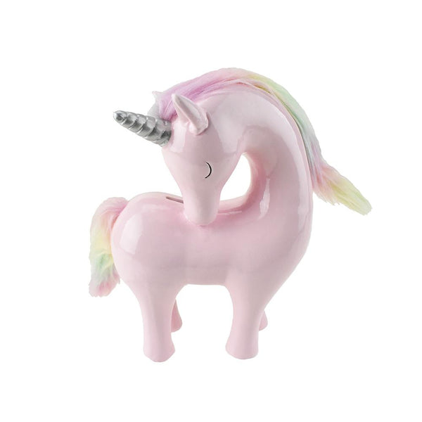 Ceramic Unicorn With Rainbow Hair Coin Bank, 9-Inch, Pink