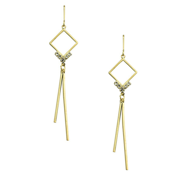 Diamond Shaped Drop Earrings with Bar Hinges, Gold, 2-1/2-Inch