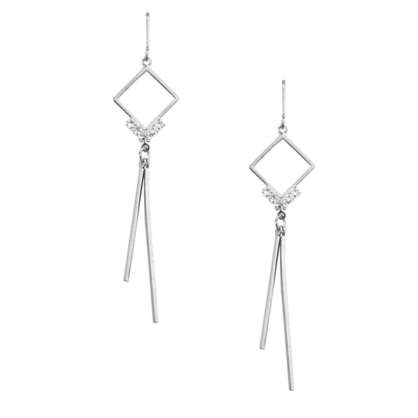 Diamond Shaped Drop Earrings with Bar Hinges, Silver, 2-1/2-Inch