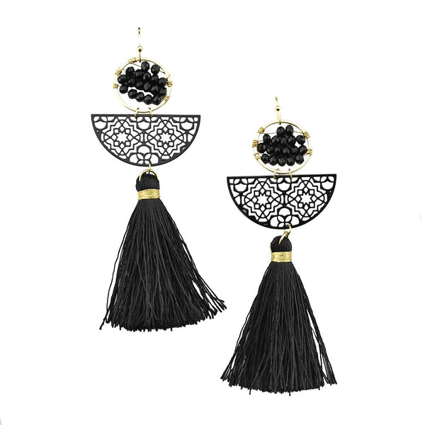 Filigree with Glassbeads Tassel Earrings, Black, 3-1/4-Inch